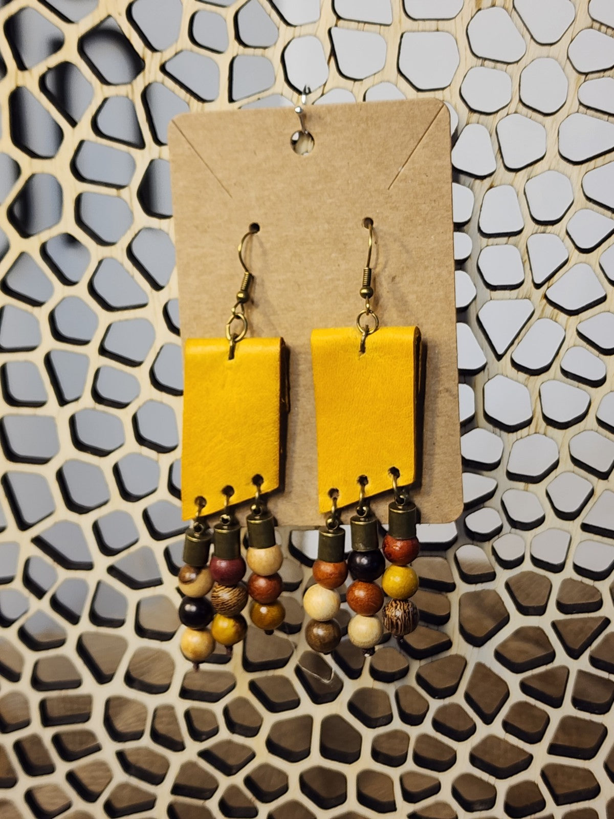 Yellow Genuine Leather and wooden beads