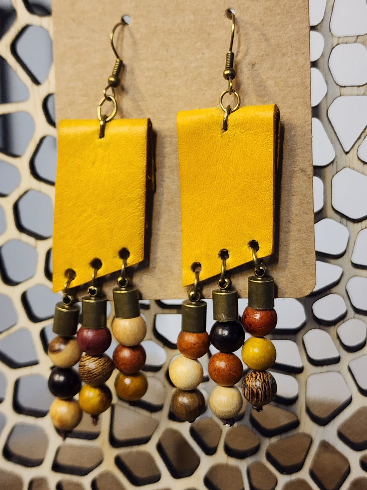 Yellow Genuine Leather and wooden beads